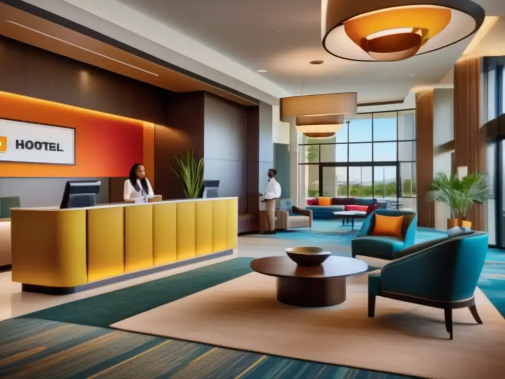 Lobby moderno y acogedor con arte contemporáneo Hotel moderno con lobby vibrante, seguro y elegante