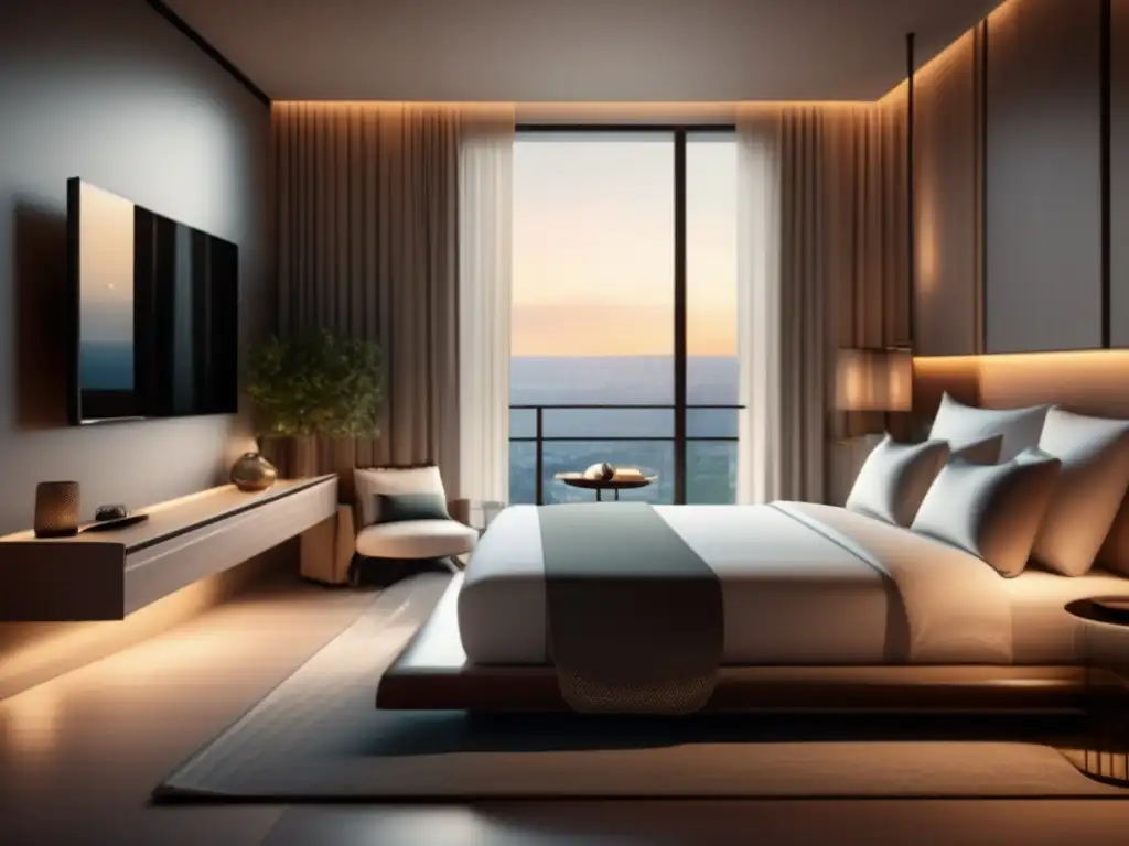 Hotel room with luxurious bed, fitness equipment and modern amenities Habitación de hotel con ejercicios de acondicionamiento físico