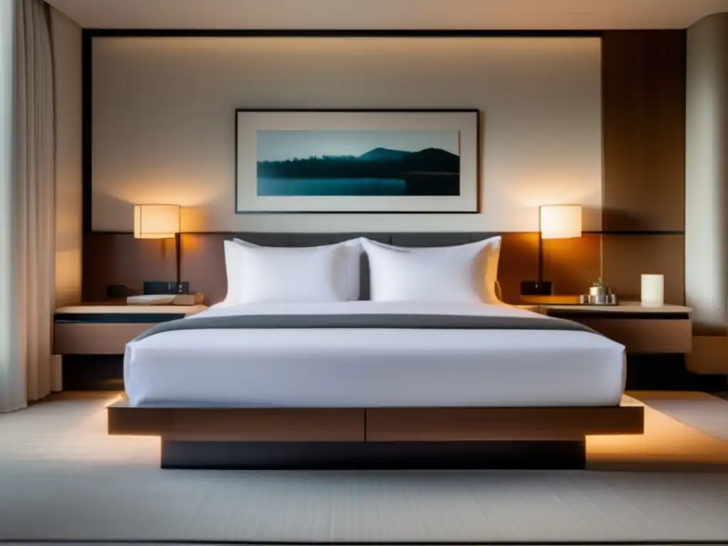 Habitación de hotel moderna con cama cómoda y vista a la ciudad Ejercicios en habitación de hotel: cama cómoda, vistas a la ciudad, decoración contemporánea, yoga en suelo