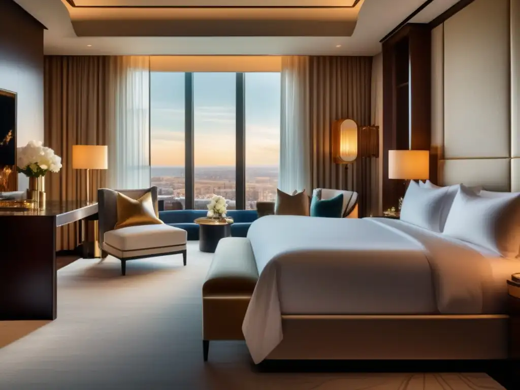 Suite de lujo con vistas al mar Suite de hotel de lujo para mayores: vista panorámica, cama king size, decoración elegante, balcón privado y piscina turquesa
