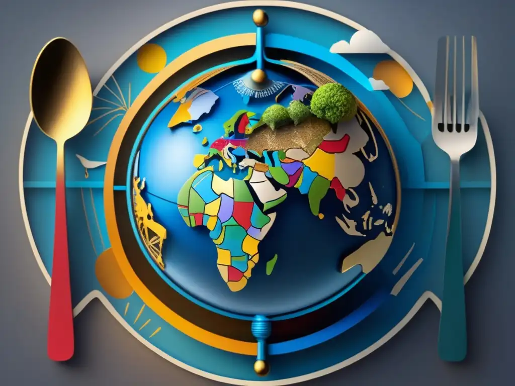 Cambios horarios y dieta: impacto mundial Cambio horario afecta dieta: imagen detallada de un globo terráqueo con tenedor y cuchara cruzados, simbolizando el impacto de los cambios de huso horario en la alimentación