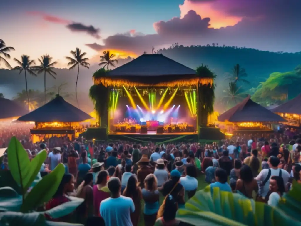 Festival de música vibrante en Ubud, Bali Festival de música en Ubud, Bali: escenario vibrante, músicos talentosos, público maduro disfrutando la energía cultural
