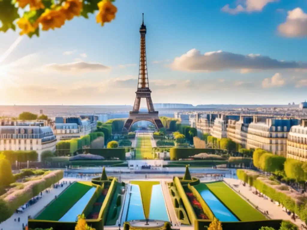 Majestuosa vista de la Torre Eiffel en París Consejos de viaje para mayores en París: Eiffel Tower, cielo azul, guía acompañante, hermoso parque y serenidad