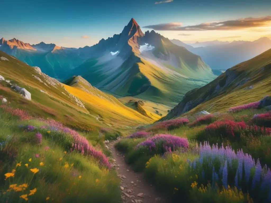 Impresionante paisaje montañoso con sendero y hikers Un paisaje montañoso impresionante en 8k, con sendero, flores silvestres y grupo de excursionistas