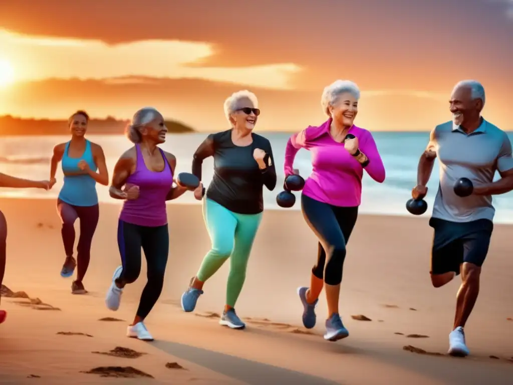 Grupo de mayores haciendo ejercicios en la playa Ejercicios de resistencia para seniors viajeros en una playa al atardecer