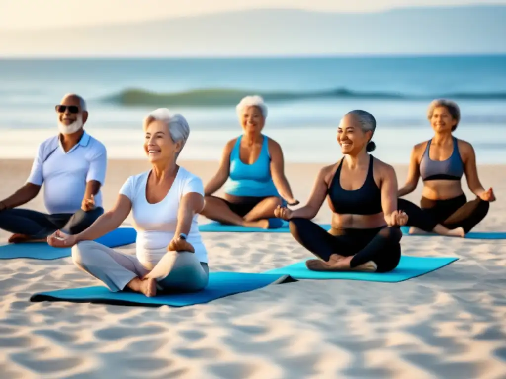 Grupo de seniors ejercitándose en la playa Ejercicios saludables para viajeros senior en una playa serena