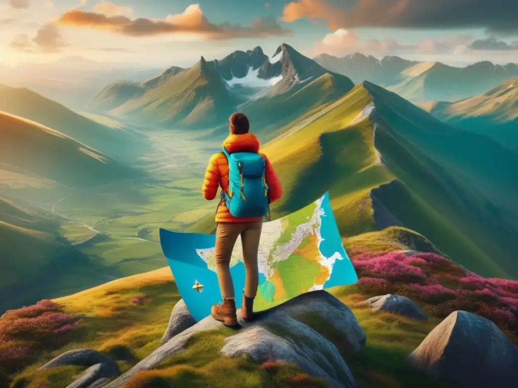 Aventura segura en la naturaleza Consejos seguridad viajes aventuras: imagen impresionante de viajero en montaña con mapa y lupa, simbolizando aventura y preparación