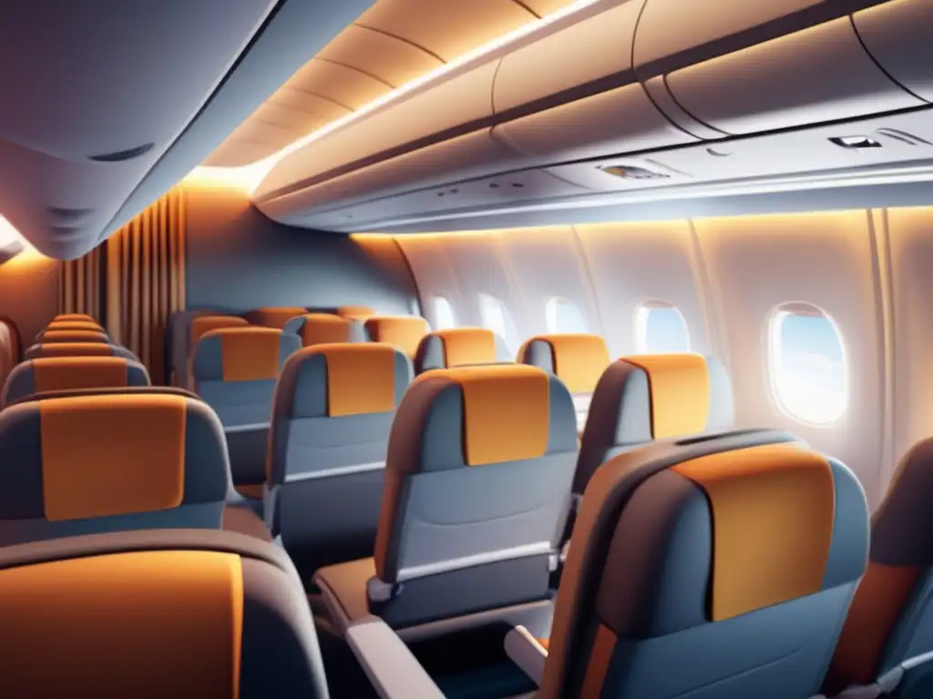 Cabina moderna con pasajeros activos Ejercicios en avión para viajeros maduros: imagen detallada de una cabina moderna con cómodos asientos y iluminación ambiental