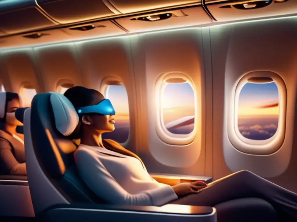 Estrategias para manejar la fatiga en viajes: Imagen de una cabina de avión serena y espaciosa, con asientos cómodos y entretenimiento personal