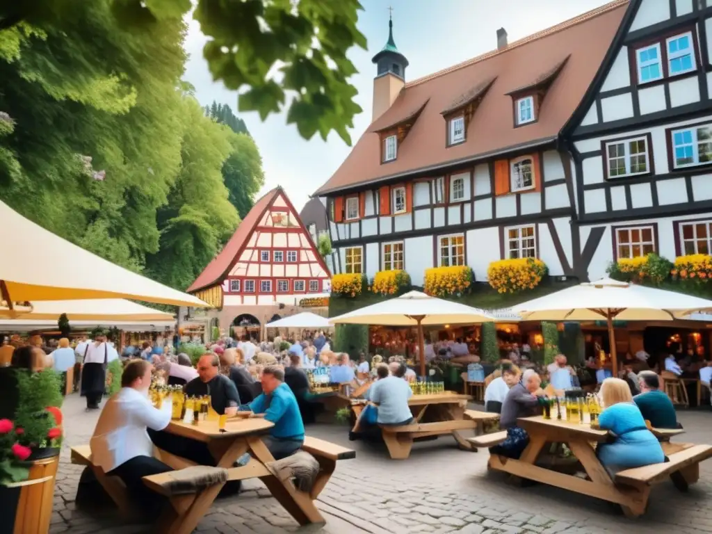 Jardín cervecero alemán lleno de vida y tradición Cerveza tradicional en animado jardín alemán - Tradición cervecera Alemania degustadores viaje