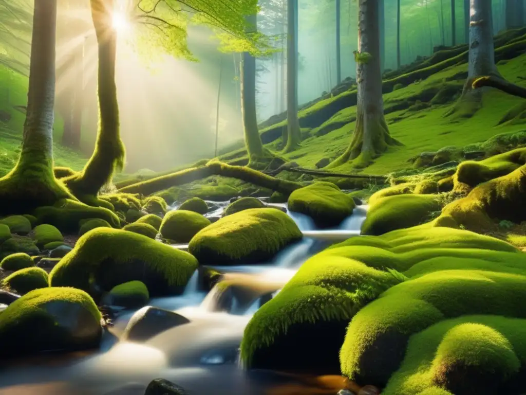Bosque sereno bañado por la luz solar Destinos ecológicos para viajeros maduros: hermosa escena de bosque sereno con árboles majestuosos, musgo verde vibrante y arroyo cristalino