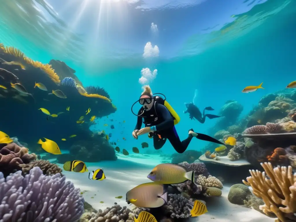 Inmersión en arrecife de coral con buceadores maduros Destinos buceo ecológico viajeros maduros exploran vibrante arrecife coralino, aguas turquesas cristalinas, vida marina diversa