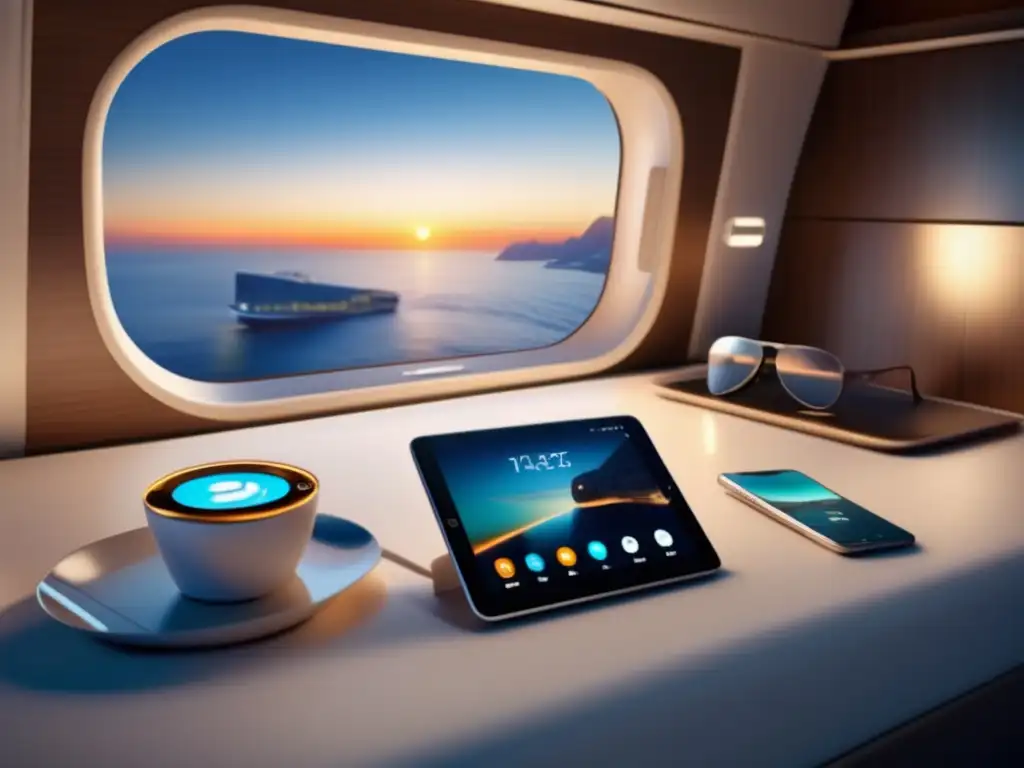 Lujo y comodidad en cabina de crucero Equipaje crucero para viajeros maduros: Cabina moderna con dispositivos electrónicos y zona de carga