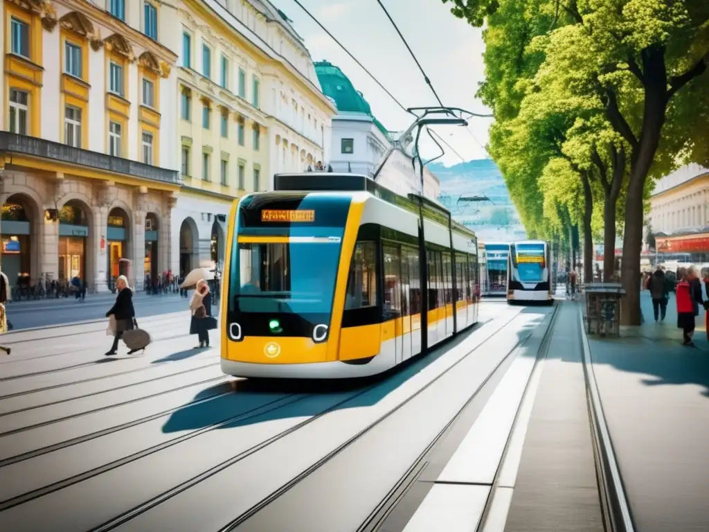 Calle con transporte público accesible en Viena Atractivos turísticos en Viena para mayores: escena vibrante de una calle con moderno sistema de transporte público accesible y edificios históricos