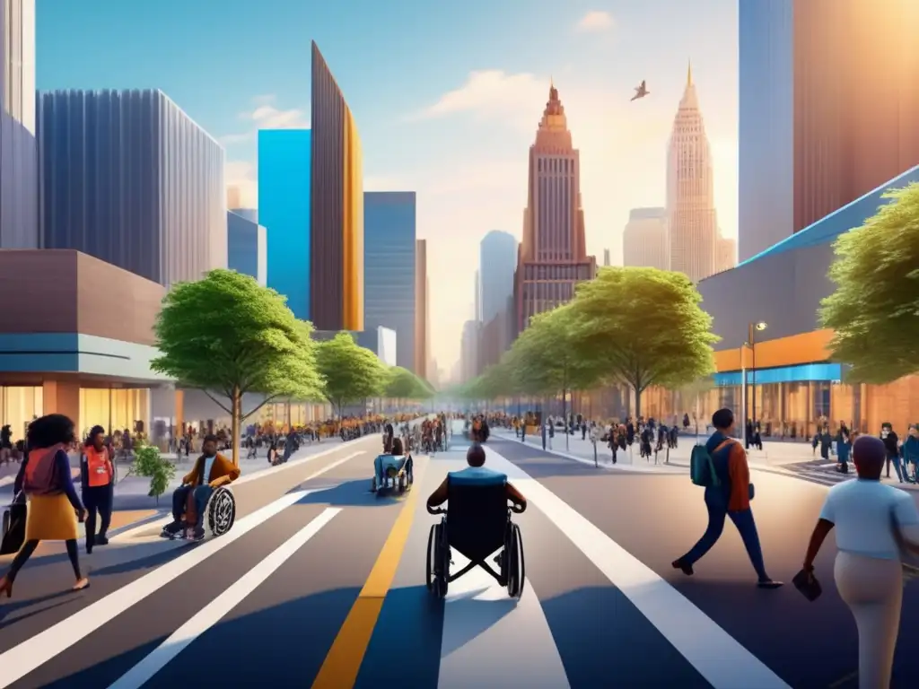 Ciudad accesible e inclusiva con modernas infraestructuras Viajar en silla de ruedas seguro: ciudad vibrante con infraestructura accesible, calles llenas de rampas y cruces peatonales