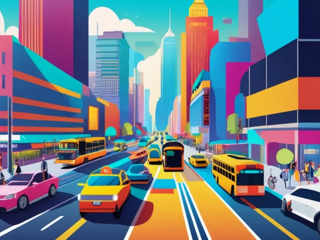 Ciudad llena de transporte diverso Ciudad con diversos medios de transporte: buses, taxis, bicicletas y peatones