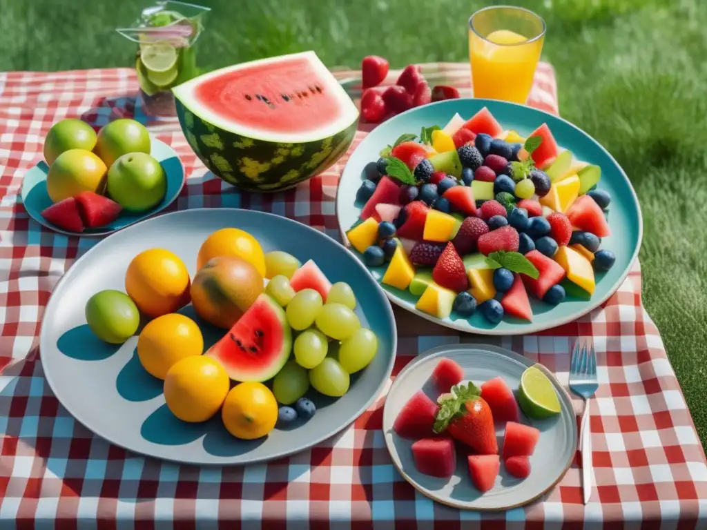 Escena al aire libre con mesa de picnic y comida saludable Una imagen 8k detallada muestra una escena al aire libre con mesa de picnic, comida saludable y paisaje sereno