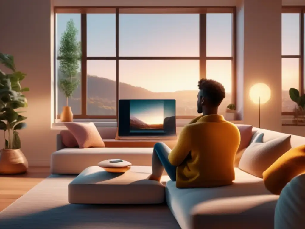 Conexión familiar a través de la tecnología Imagen: Persona en sala luminosa y acogedora, en video llamada