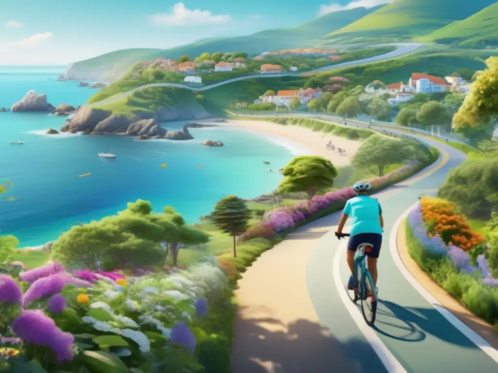 Paisaje costero con camino hacia pueblo pintoresco Transporte sostenible para viajeros maduros en un paisaje costero sereno con una carretera serpenteante hacia un pintoresco pueblo junto al mar