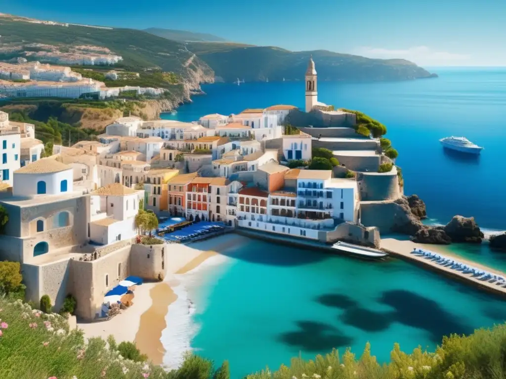 Sereno pueblo costero junto al Mediterráneo Un paraíso para viajeros maduros: hermosa imagen de un pueblo costero tranquilo con playa, colinas y un crucero en un encantador puerto