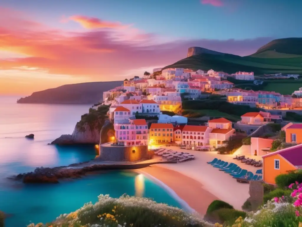 Hermoso atardecer en pintoresco pueblo costero Pintoresco pueblo costero al atardecer con playa turquesa y talleres de fotografía para viajeros senior