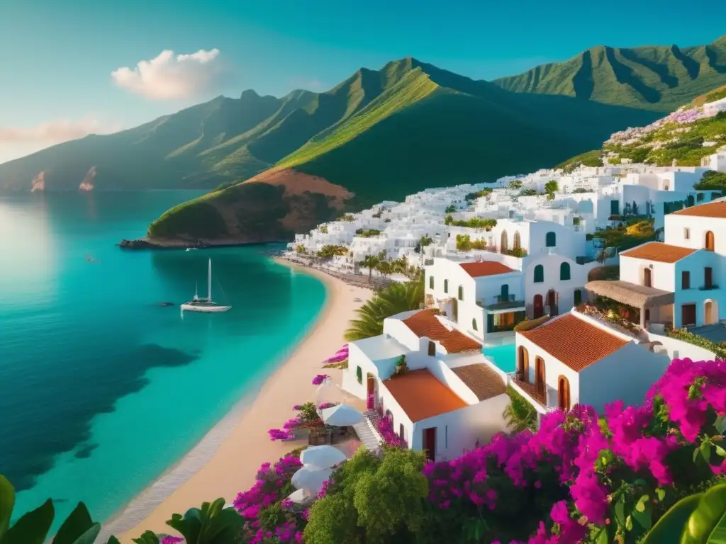 Destino sereno y sostenible Beneficios del turismo sostenible para viajeros mayores en una pintoresca ciudad costera con montañas verdes y mar turquesa