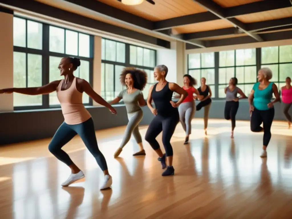 Clase de baile activa para viajeros maduros Talleres de baile para viajeros maduros en un estudio vibrante lleno de vida, luz natural y camaradería