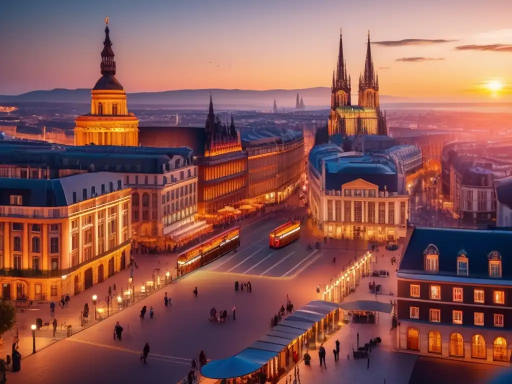 Ciudad europea accesible y vibrante Ciudades europeas accesibles para viajeros con movilidad reducida - Una ciudad europea impresionante al atardecer, con monumentos icónicos iluminados