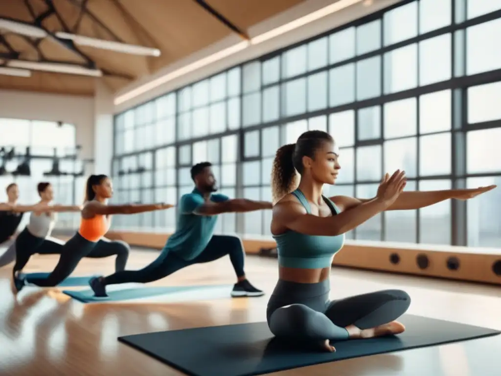 Gimnasio moderno con personas haciendo ejercicios de estiramiento Personas realizando ejercicios de estiramiento en un gimnasio moderno, resaltando la importancia de ejercicios previos al viajar