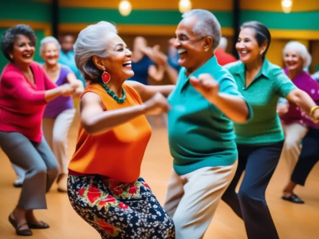 Taller de salsa para viajeros seniors, diversidad, alegría y comunidad en un estudio moderno y colorido