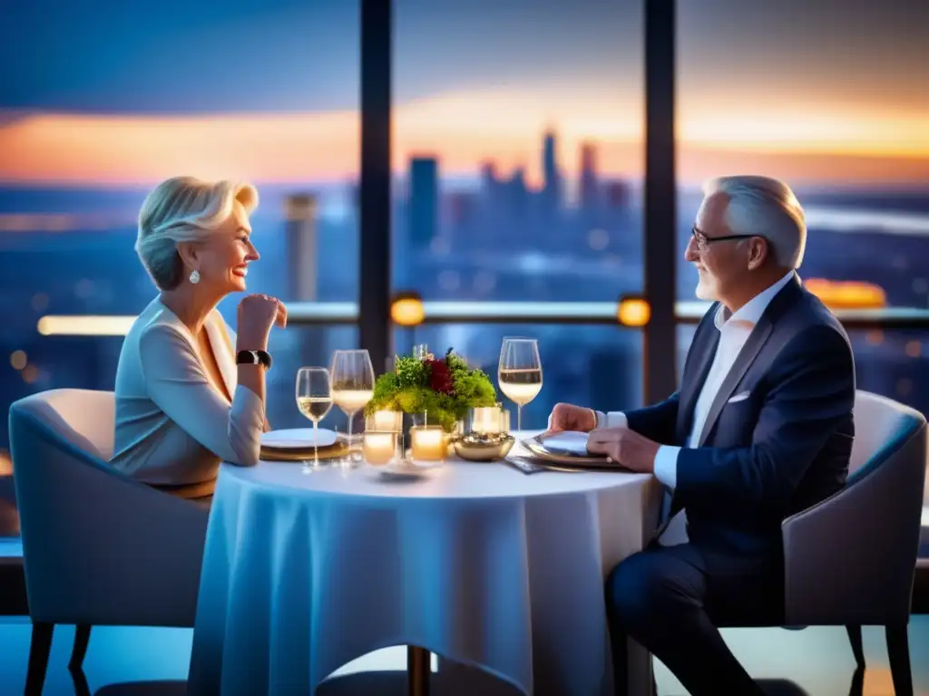 Pareja mayor disfrutando de una cena lujosa con vista panorámica Pareja senior disfrutando de cena lujosa con vistas a la ciudad - Ajustes de presupuesto en viajes senior