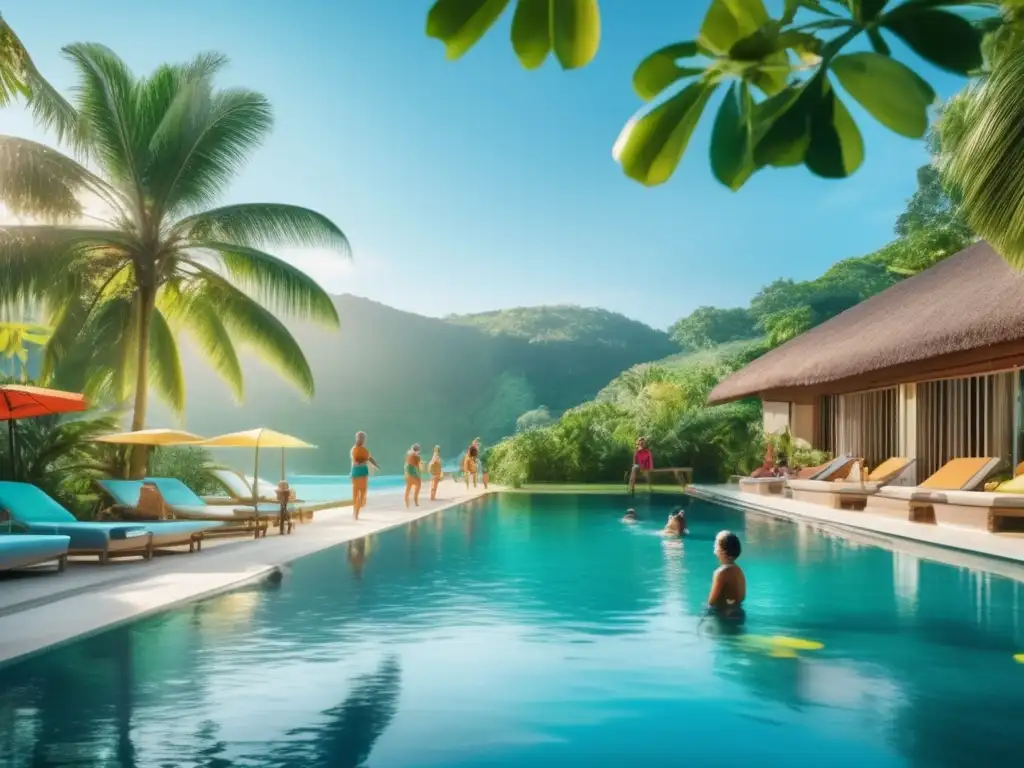 Piscina serena rodeada de vegetación y personas mayores haciendo ejercicios acuáticos Ejercicios acuáticos seguros para viajeros senior en una piscina tranquila rodeada de vegetación exuberante y bañada por la cálida luz del sol