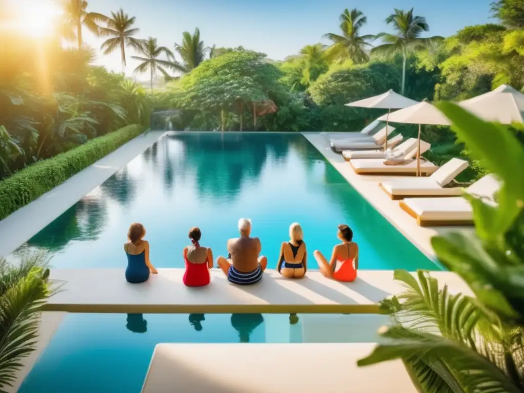 Serenos nadadores disfrutando de ejercicios acuáticos seguros Ejercicios acuáticos seguros para viajeros senior en una hermosa piscina rodeada de vegetación y bañada por la luz dorada del sol