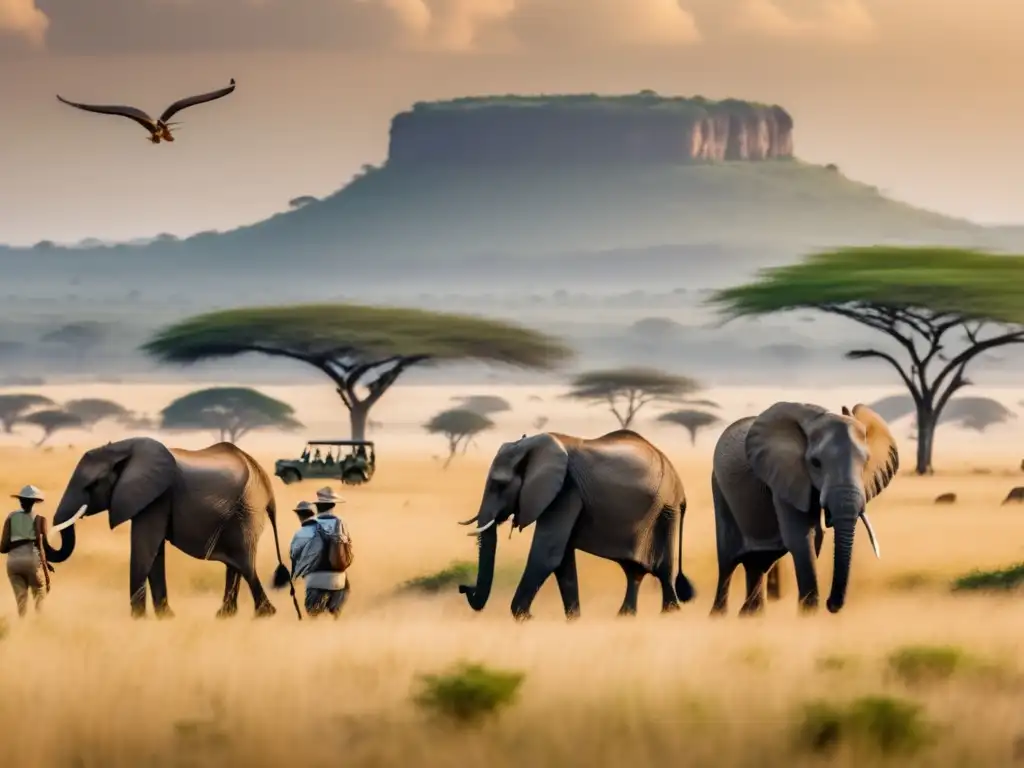 Safari ecológico de jubilados en África Safari ecológico para seniors en la exuberante sabana africana: grupo de viajeros observando elefantes bañándose en el río