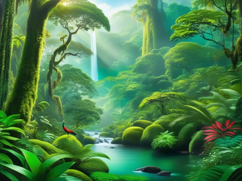 Selva exuberante: Belleza natural para ecoturismo Escena ultradetallada de un exuberante y sereno bosque tropical: beneficios del ecoturismo para mayores