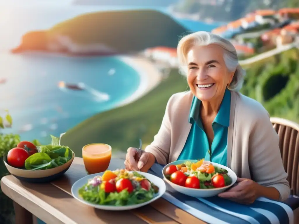 Senior disfrutando una comida saludable en un café al aire libre Dieta fibrosa para viajeros senior en escena costera tranquila