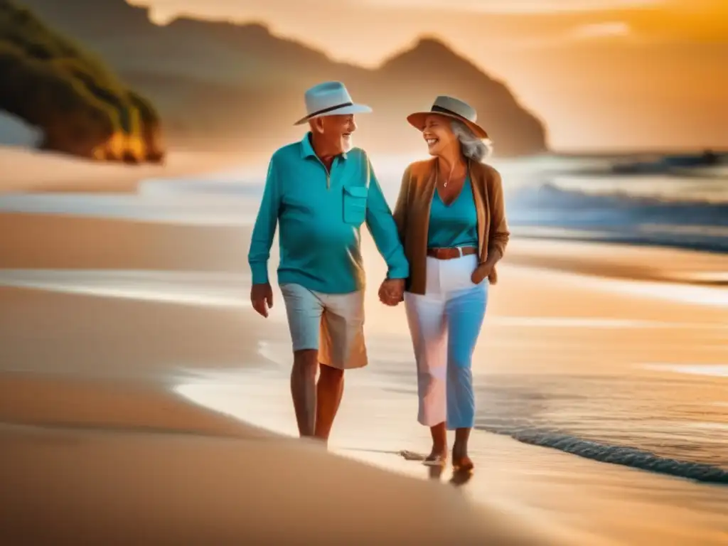 Pareja mayor disfrutando de la playa al atardecer Pareja de seniors disfrutando viajes seguros y saludables en la playa al atardecer