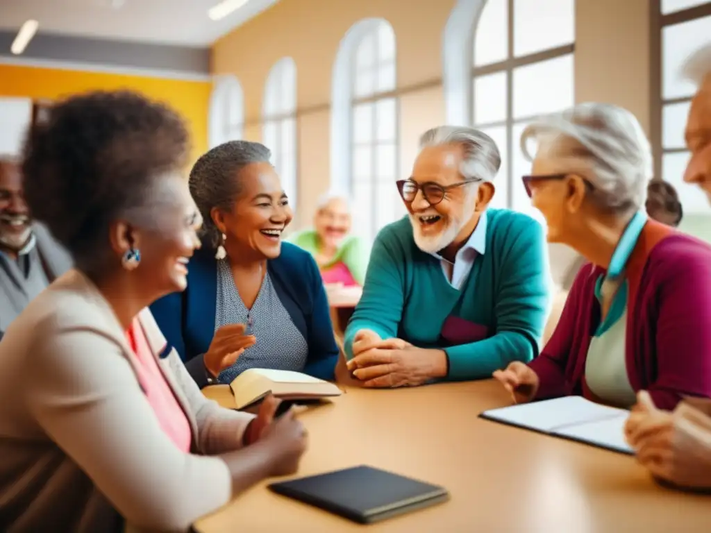 Grupo de adultos mayores aprendiendo idiomas Talleres de idiomas para viajes senior: Grupo diverso de adultos mayores entusiasmados aprendiendo idiomas en un aula moderna y luminosa