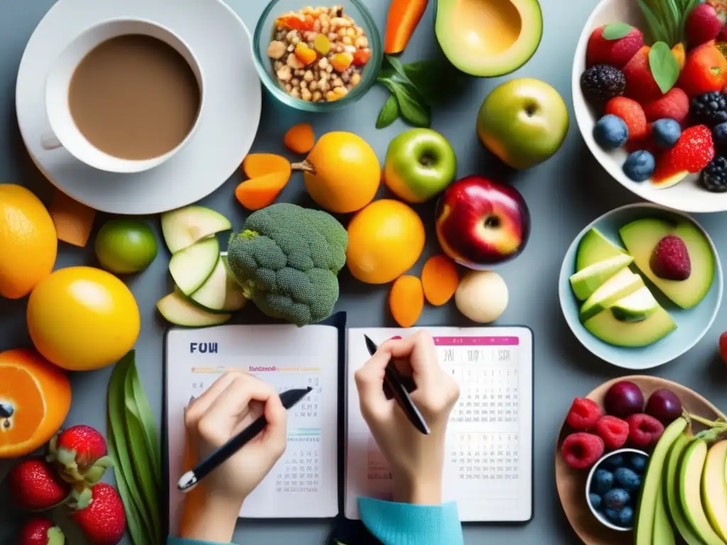 Planificación de comidas para viajar con diabetes Consejos viajes diabetes seguros: persona con diabetes planeando comidas saludables rodeada de frutas, verduras y tentempiés
