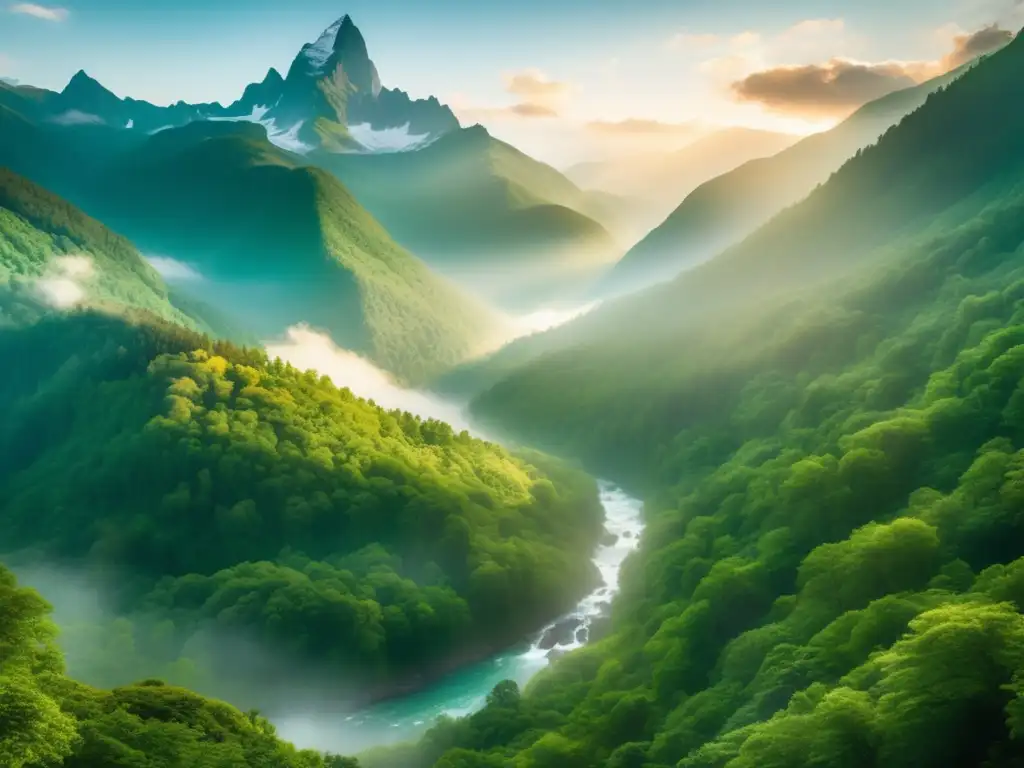 Majestuoso bosque montañoso y río cristalino Turismo ecológico: paisaje exuberante, montañas majestuosas, río cristalino