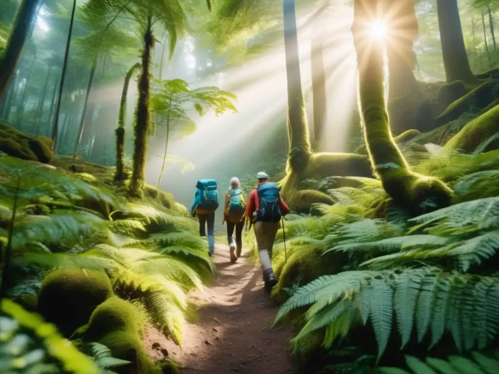 Grupo de viajeros maduros disfrutando de una caminata en el bosque Ecoturismo para viajeros maduros disfrutando de senderismo en bosque exuberante