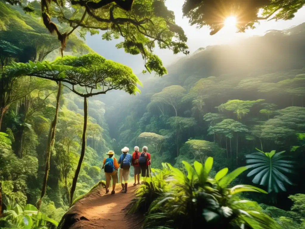 Ecoturismo para adultos mayores Beneficios ecoturismo para viajeros mayores en exuberante rainforest con cascada majestuosa y vida silvestre vibrante