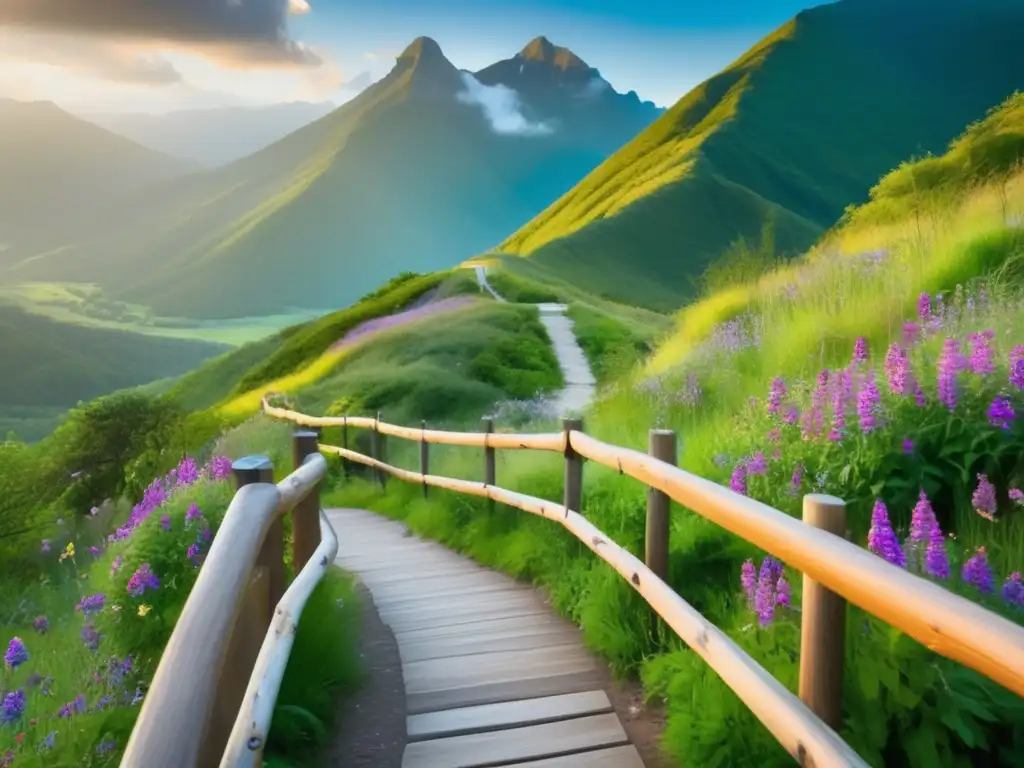 Ecoturismo seguro para ancianos Senderismo seguro para adultos mayores en un paisaje montañoso sereno con vegetación exuberante y flores silvestres vibrantes