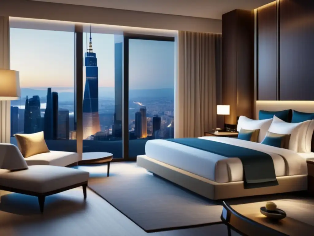 Ejercicios en cama de hotel Ejercicios en habitación de hotel: persona estirándose en cama con vista a la ciudad, ambiente relajante y fitness