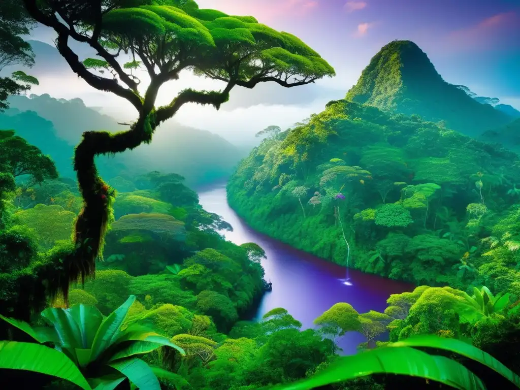Selva exuberante: árbol majestuoso y fauna tropical Un exuberante bosque tropical lleno de vida y color, con flora, fauna y un arroyo sereno