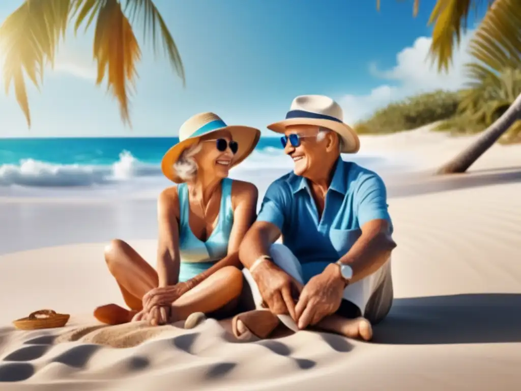 Pareja mayor feliz en la playa, con mar azul vibrante y seguridad en viajes para la tercera edad