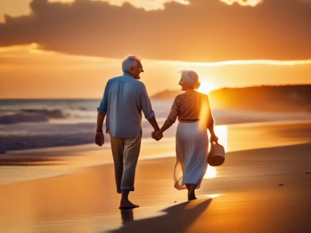 Pareja mayor feliz en playa al atardecer Pareja mayor feliz en la playa al atardecer - Seguros de viaje para mayores enriquecedoras