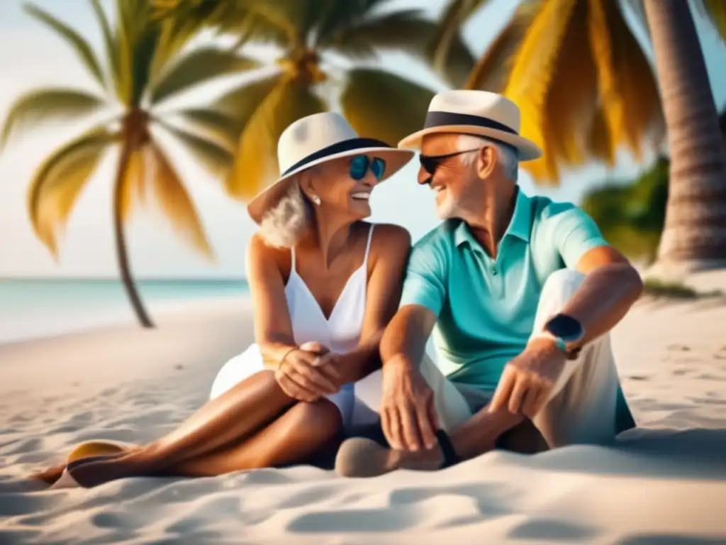 Alegre pareja de ancianos disfrutando de la playa Pareja senior feliz en playa paradisíaca, transmitiendo alegría y aventura
