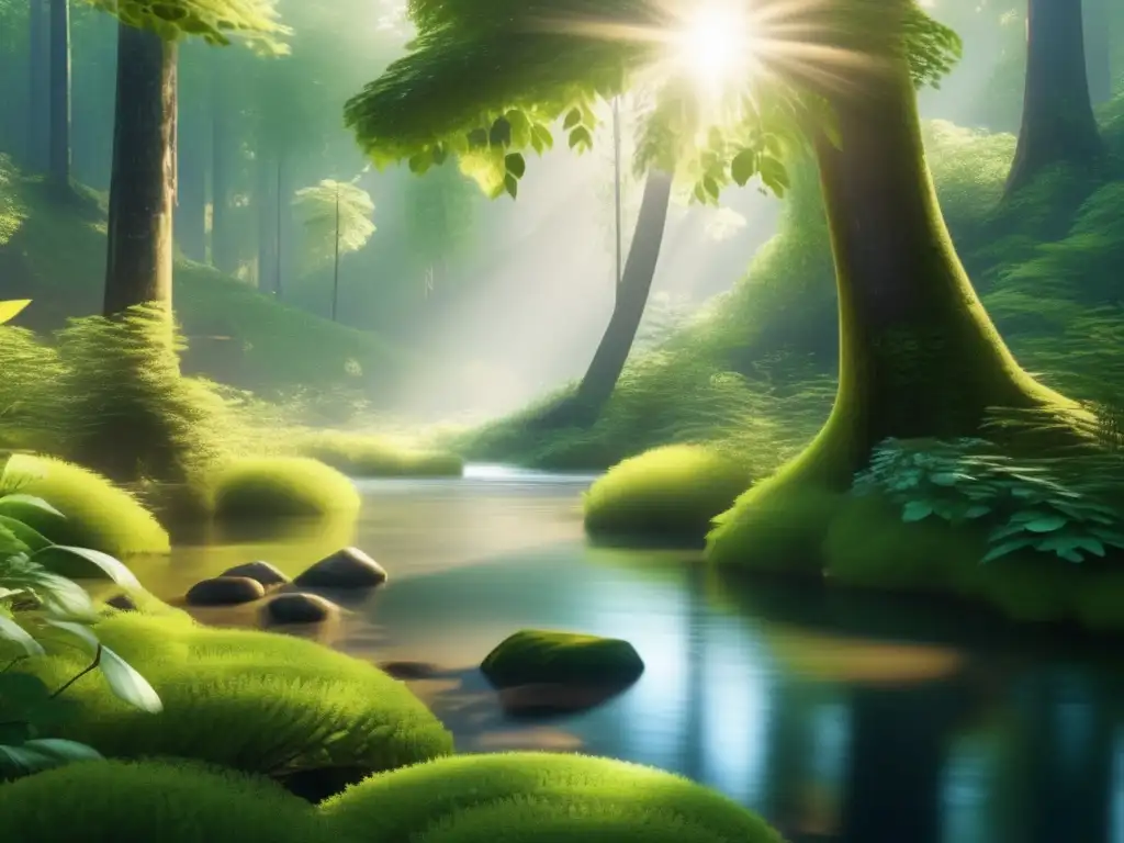 Paisaje sereno de bosque en 8K con árboles altos y exuberante vegetación