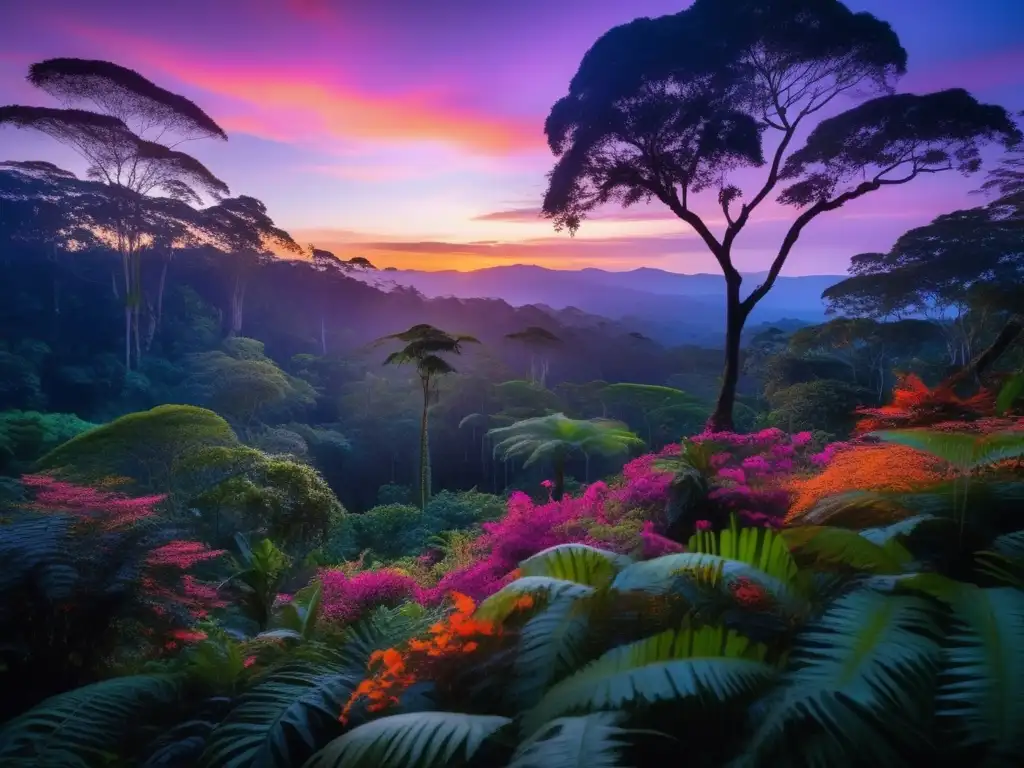 Bosque tropical al atardecer, paisaje cautivador con colores vibrantes Cuidados de salud en viajes largos: Selva tropical al atardecer, con colores vibrantes y biodiversidad cautivadora